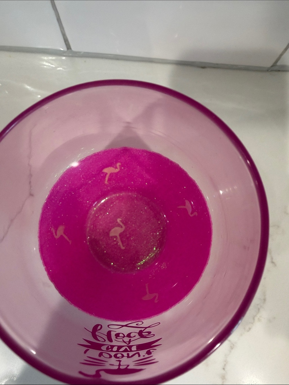 Pink Flamingo Stemless Wine Glass with Glitter Base - Picture 2 of 4